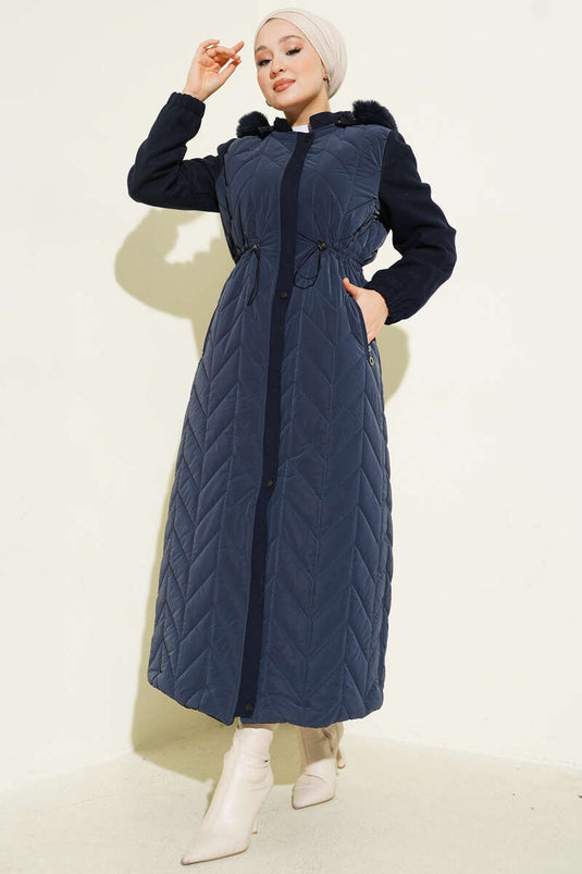 Quilted Long Coat with Hood and Cashmere Garnish, Navy Blue