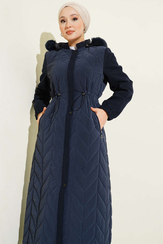 Quilted Long Coat with Hood and Cashmere Garnish, Navy Blue
