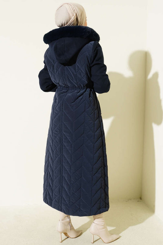 Quilted Long Coat with Hood and Cashmere Garnish, Navy Blue