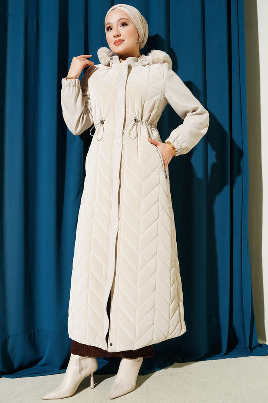 Quilted Long Coat with Hood and Stamped Garnish Stone