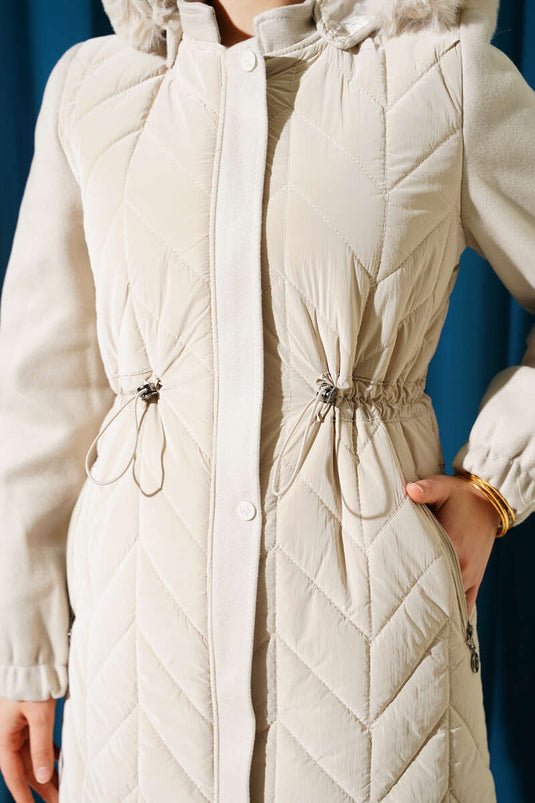 Quilted Long Coat with Hood and Stamped Garnish Stone