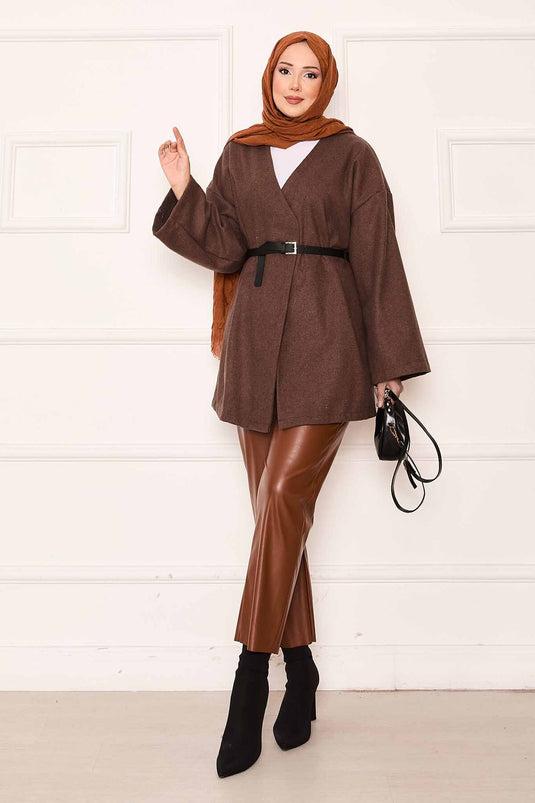 معطف أنيق كبير الحجم من قماش الكشمير باللون البني