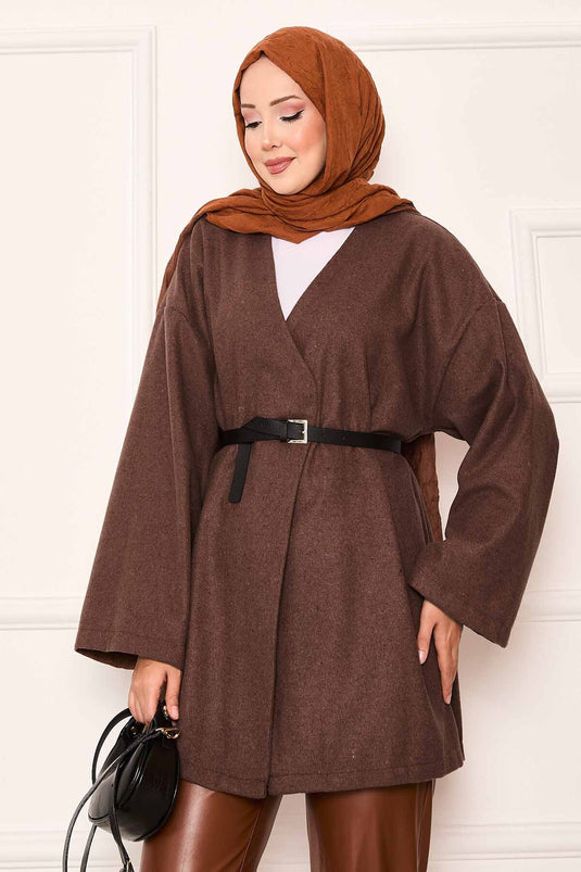 معطف أنيق كبير الحجم من قماش الكشمير باللون البني