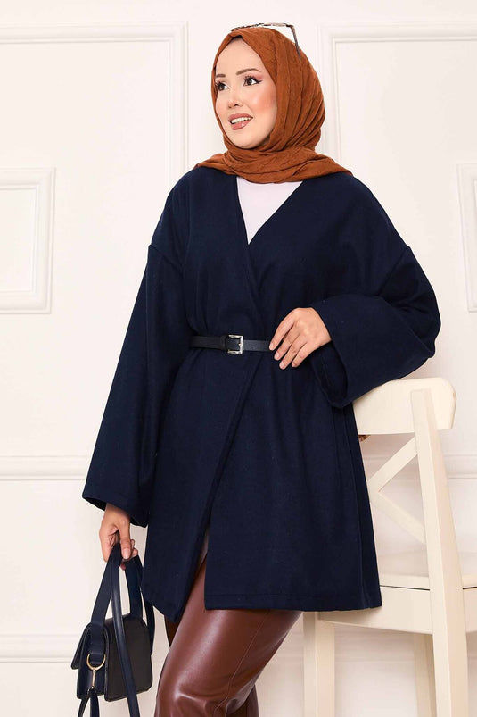 معطف أنيق كبير الحجم من قماش الكشمير باللون الأزرق الداكن