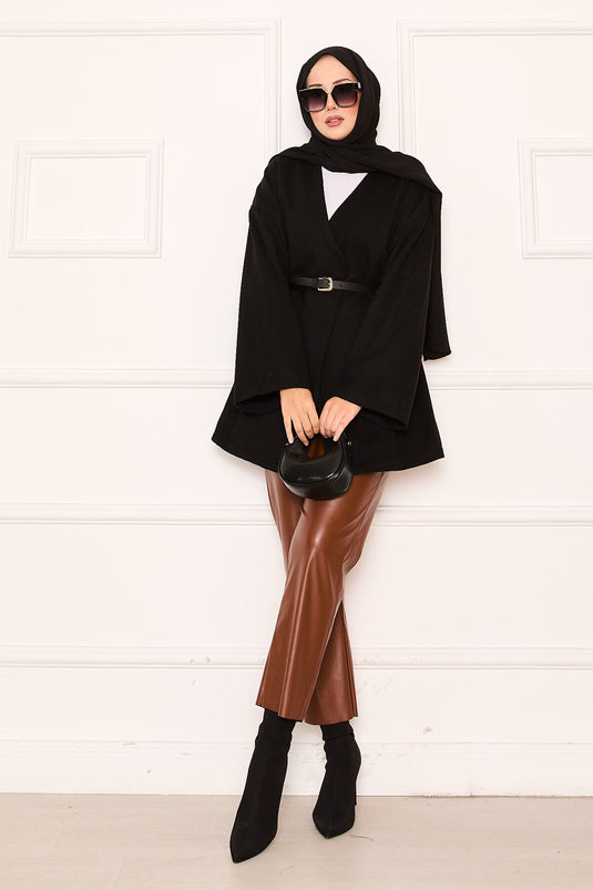 معطف أنيق كبير الحجم من قماش الكشمير باللون الأسود