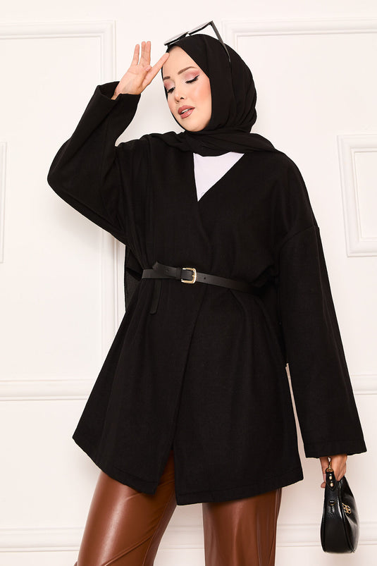 معطف أنيق كبير الحجم من قماش الكشمير باللون الأسود