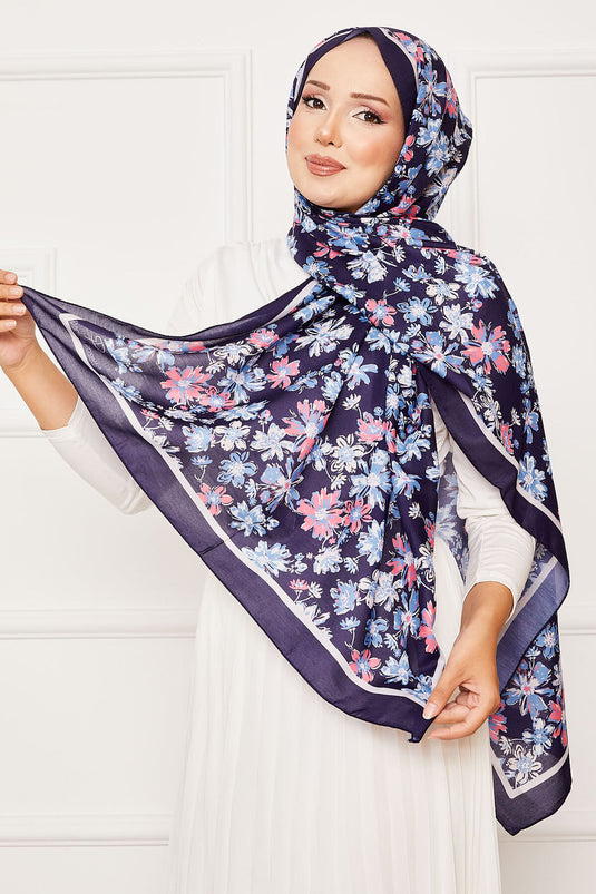 Chrysanthemum Pattern Hijab Shawl Navy Blue