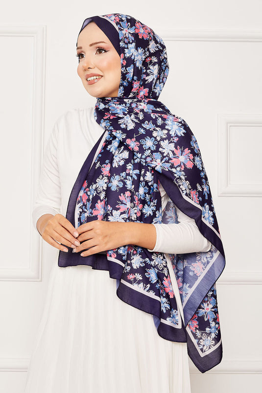 Chrysanthemum Pattern Hijab Shawl Navy Blue
