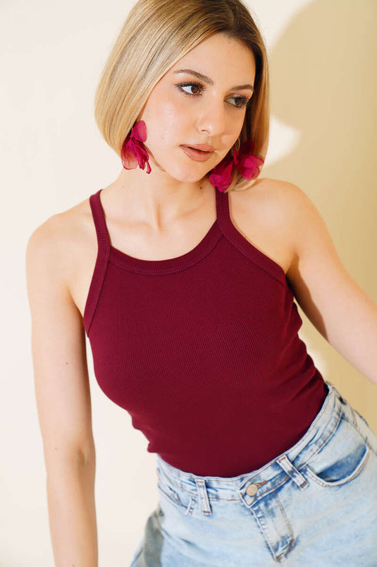 Burgundy Ribbed Strap Bodysuit