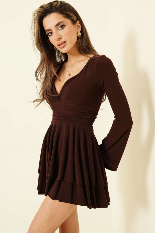 Kat Etekli Mini Sandy Elbise Kahve