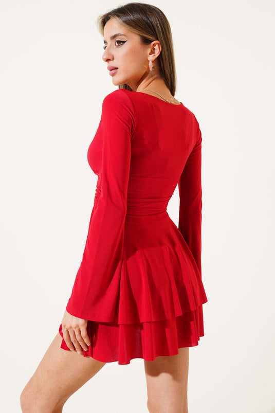 Kat Etekli Mini Sandy Elbise Kırmızı