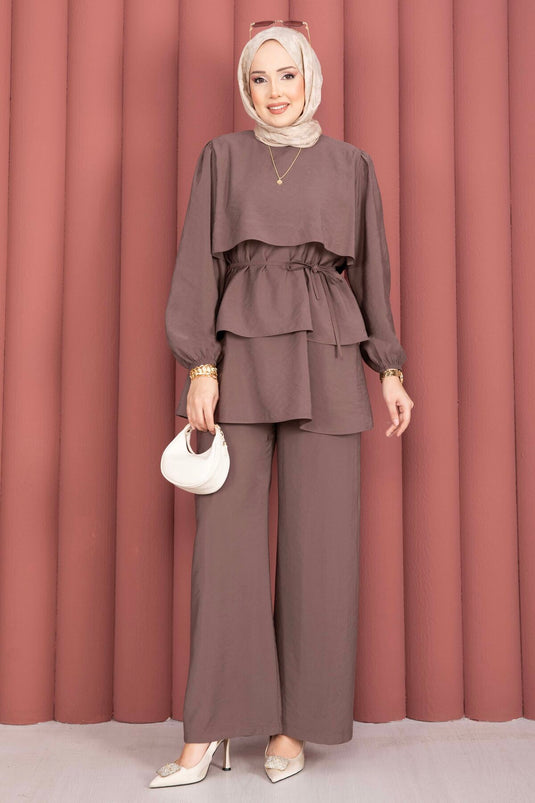 Kat Kat Drawstring Detail Two-Piece Modest Fashion Set Brown