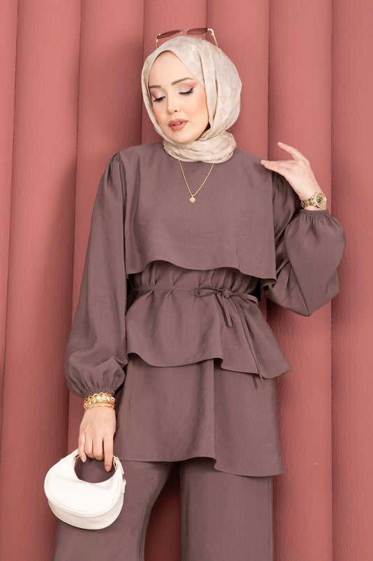 Kat Kat Drawstring Detail Two-Piece Modest Fashion Set Brown