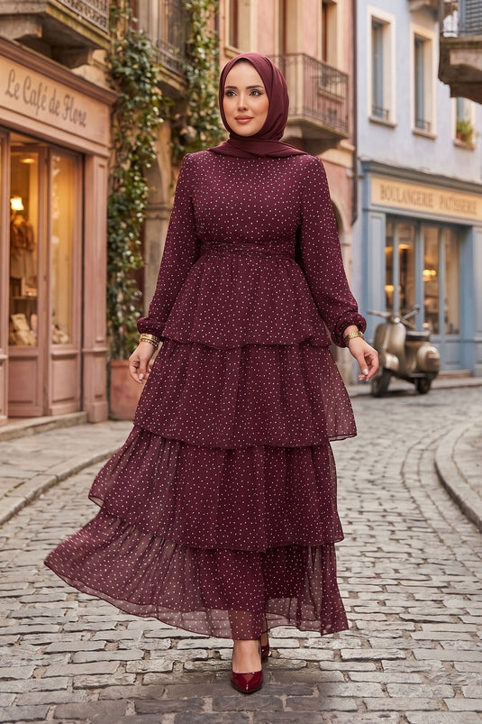 Kat Kat Beli Kuşaklı Puantiyeli Elbise Bordo
