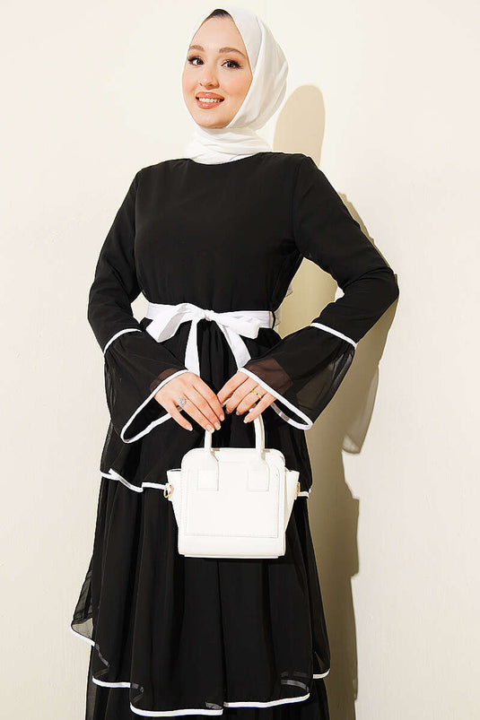 Layered Belted Chiffon Dress Black