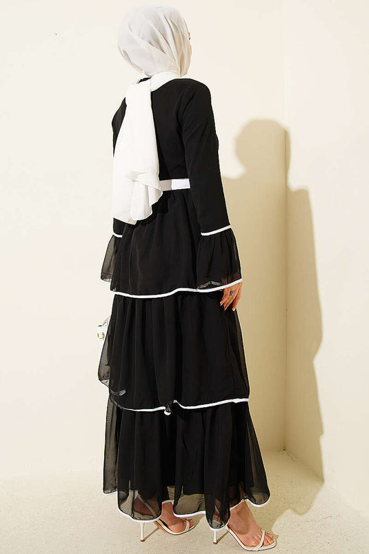 Layered Belted Chiffon Dress Black