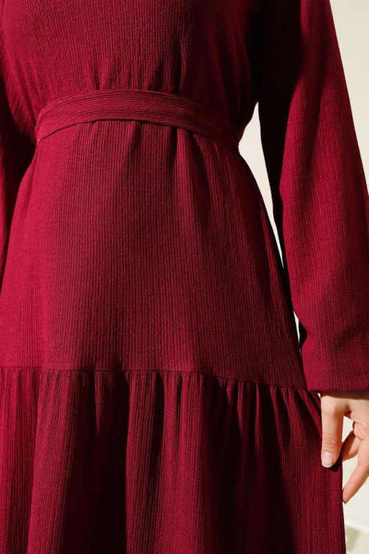 Layered Crepe Belted Dress, Burgundy