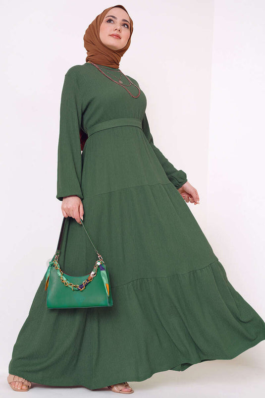 فستان بحزام ملفوف بطبقات كاكي