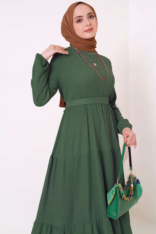 فستان بحزام ملفوف بطبقات كاكي