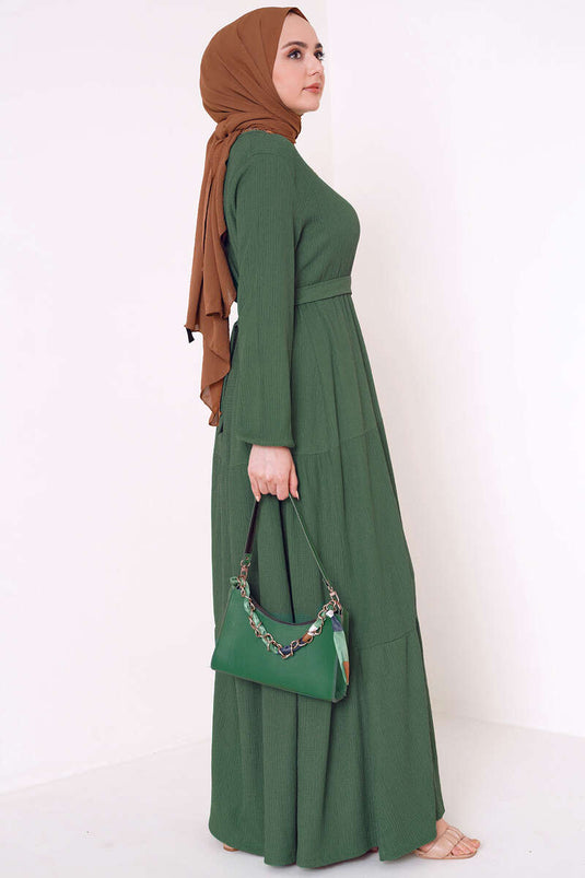 Kat Kat Bürümcük Kuşaklı Elbise Haki