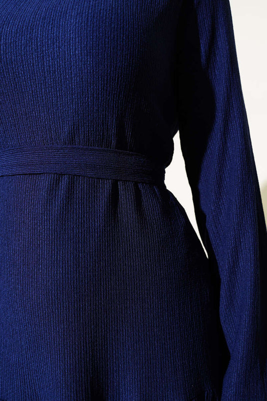 Layered Crepe Belted Dress Navy Blue