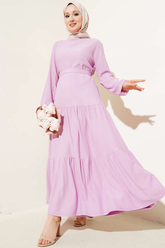 Layered Crepe Belted Dress, Lilac