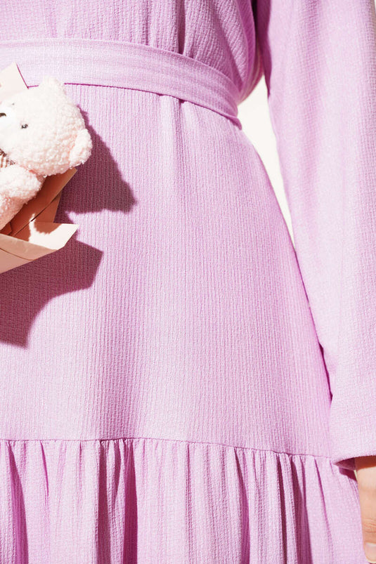 Layered Crepe Belted Dress, Lilac