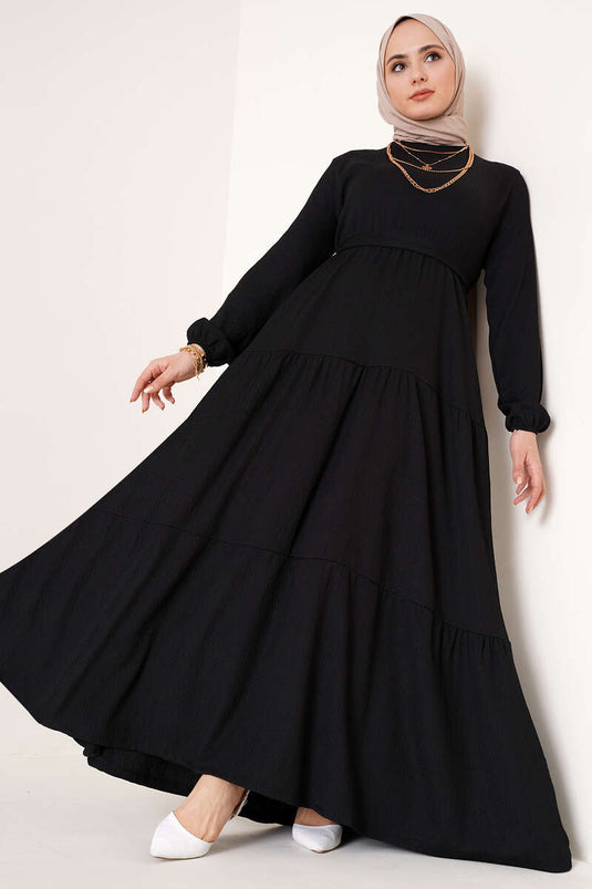 Kat Kat Bürümcük Kuşaklı Elbise Siyah