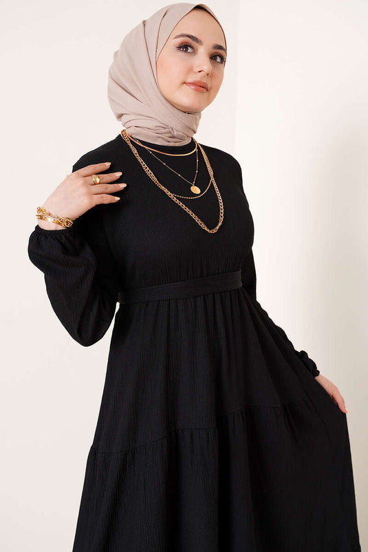 Kat Kat Bürümcük Kuşaklı Elbise Siyah