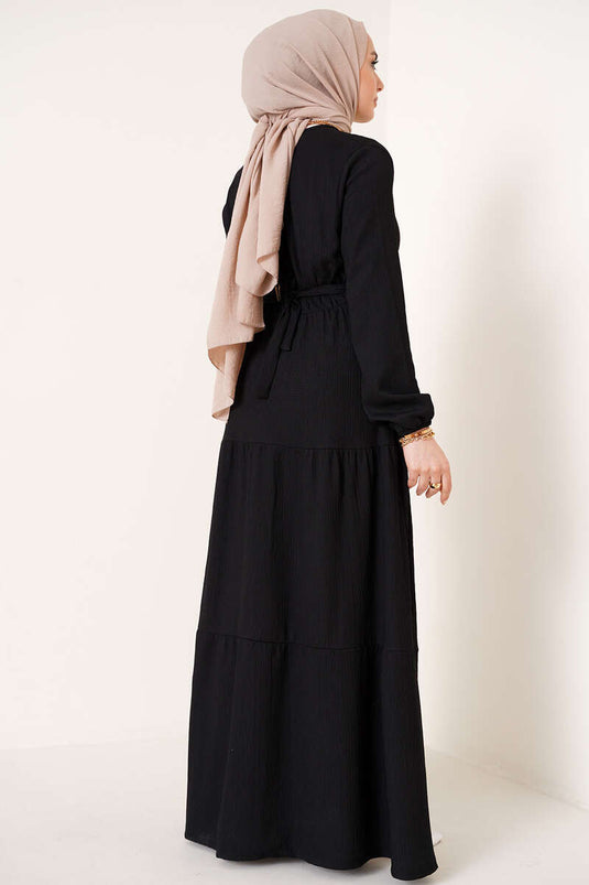 Kat Kat Bürümcük Kuşaklı Elbise Siyah