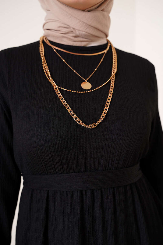 Kat Kat Bürümcük Kuşaklı Elbise Siyah