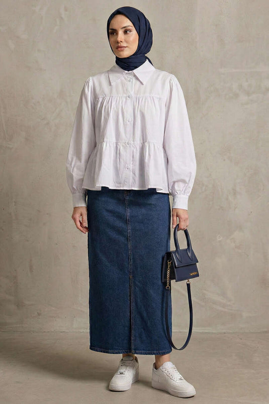 White Shirt with Layered Ruffle Details and Gathered Design