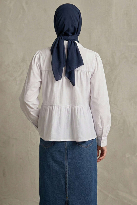 White Shirt with Layered Ruffle Details and Gathered Design