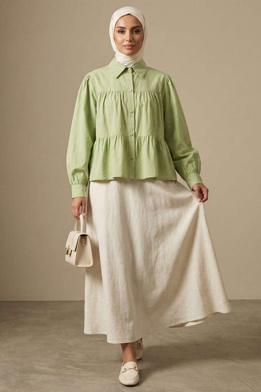 Shirt with Layered Gathered Details in Pistachio Green