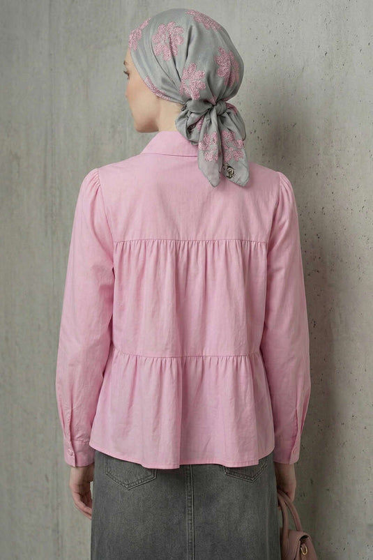 Pink Shirt with Layered Ruffle Details and Shirring