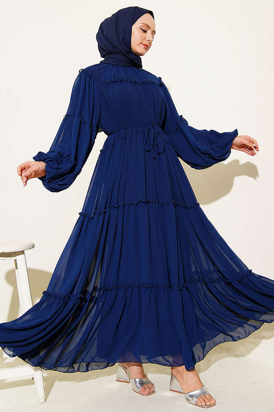 Kat Kat Ruffled Chiffon Dress Navy Blue