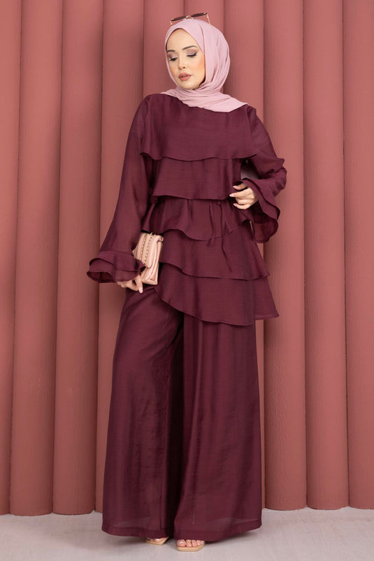 Kat Kat Ruffled Tunic and Pants Set Burgundy
