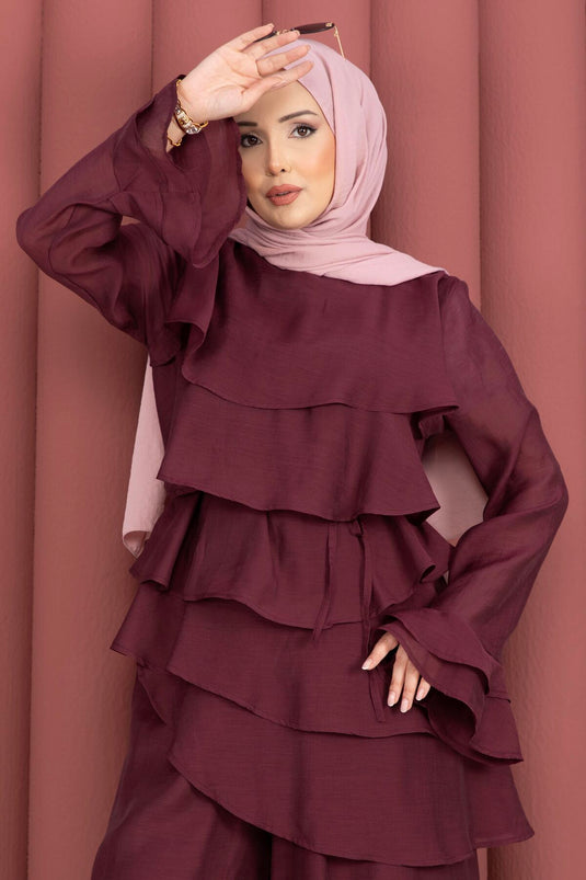 Kat Kat Ruffled Tunic and Pants Set Burgundy