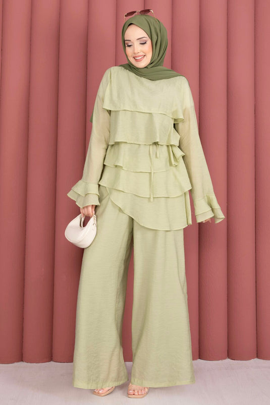 Completo doppio tunica e pantaloni Kat Kat con volant, colore menta