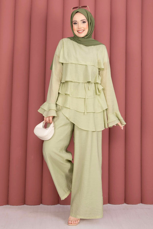 Completo doppio tunica e pantaloni Kat Kat con volant, colore menta