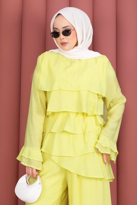 Ensemble deux pièces tunique à volants et pantalon Kat Kat jaune