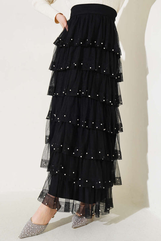 Layered Pearl Tulle Skirt Black