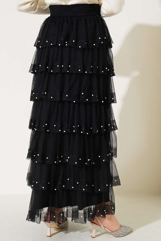 Layered Pearl Tulle Skirt Black
