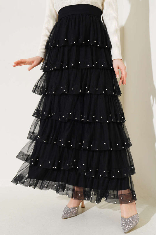 Layered Pearl Tulle Skirt Black
