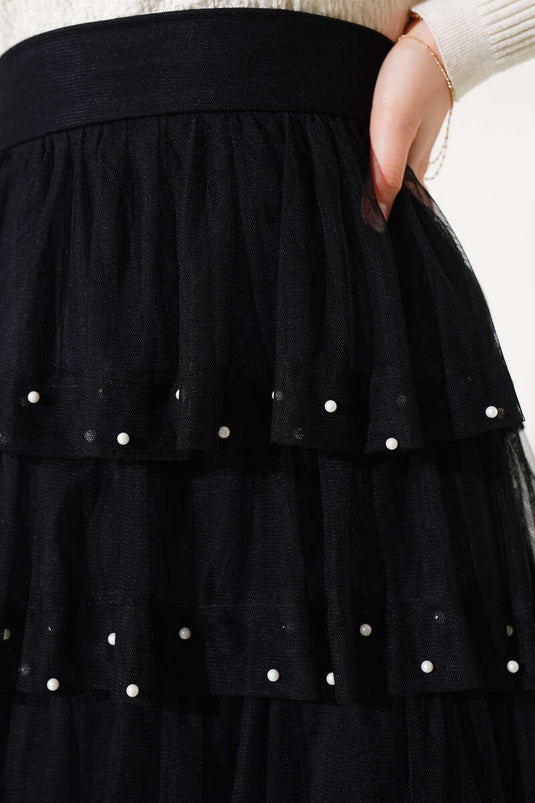 Layered Pearl Tulle Skirt Black