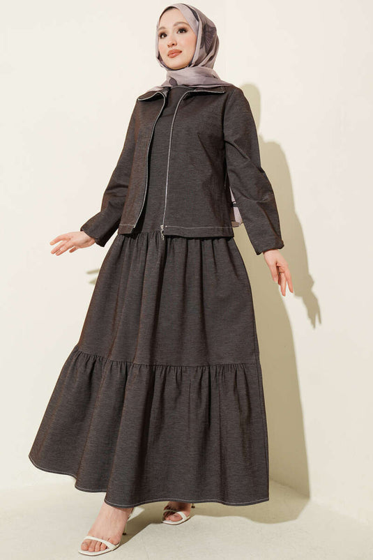 Kat Kat Pleated Jacket Denim Two-Piece Set Dark Brown