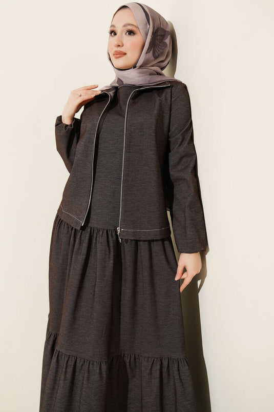 Kat Kat Pleated Jacket Denim Two-Piece Set Dark Brown