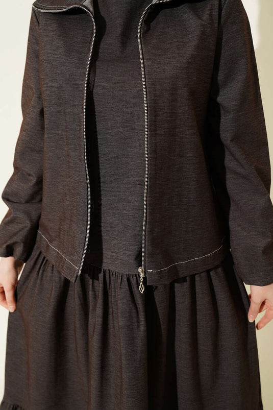 Kat Kat Pleated Jacket Denim Two-Piece Set Dark Brown