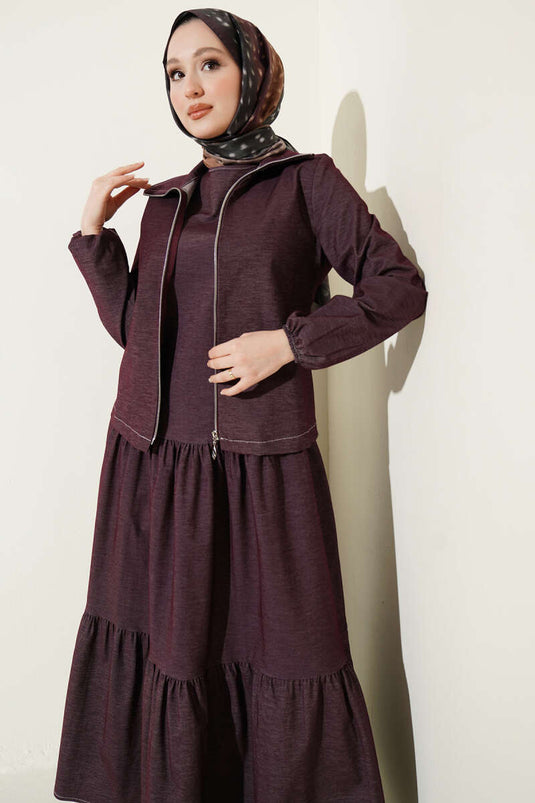 Kat Kat Pleated Jacket Denim Two-Piece Set Burgundy