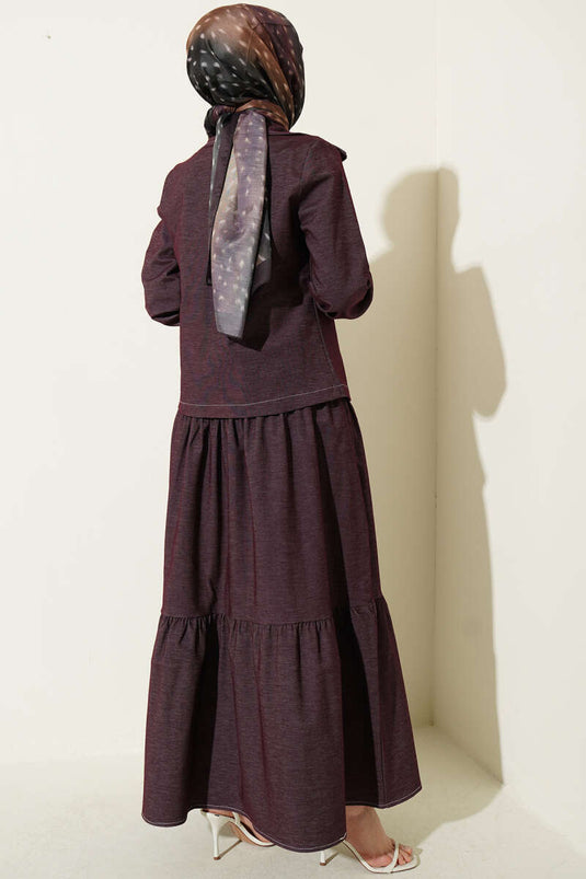 Kat Kat Pleated Jacket Denim Two-Piece Set Burgundy